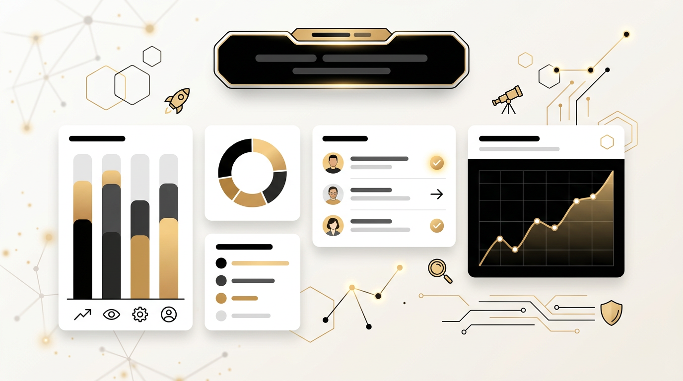 Monthly AI visibility report cover graphic with charts and gold accents