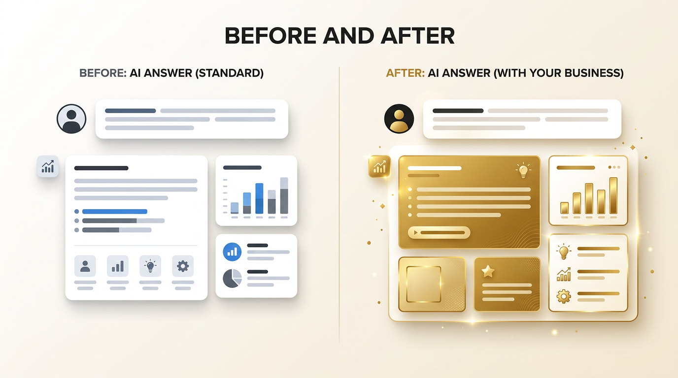 Left AI answer without the business, right AI answer featuring the business in gold