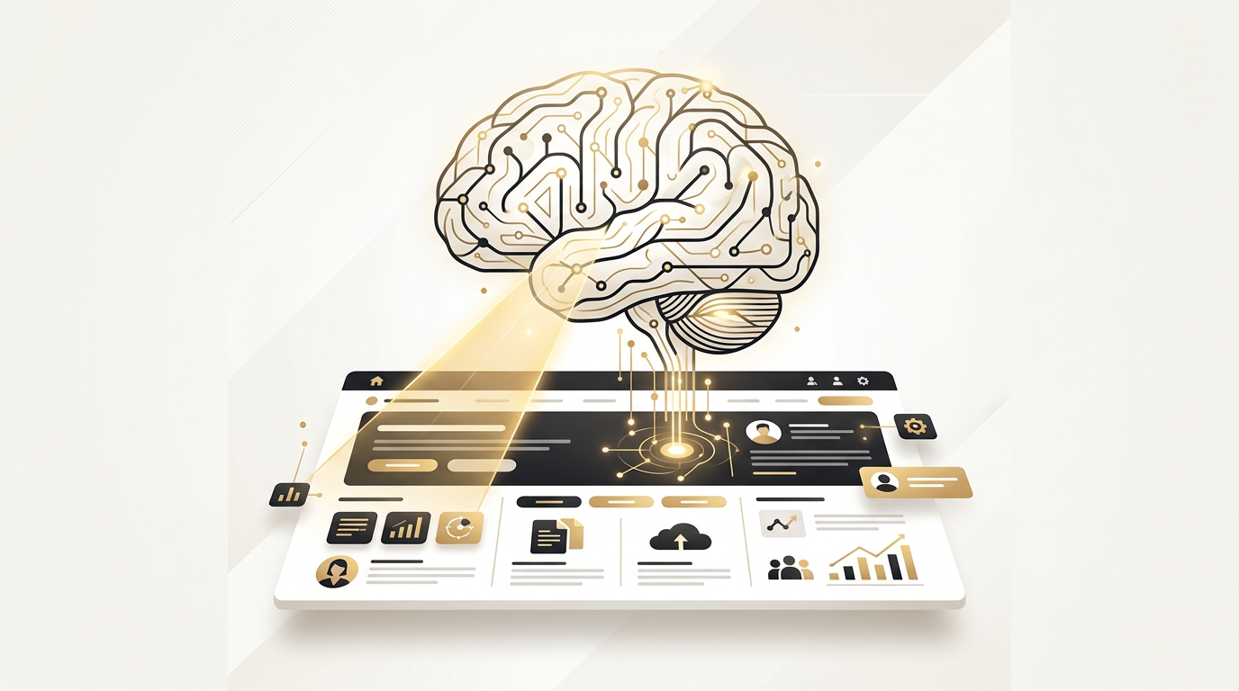Stylized AI brain made of lines reading a website layout, scanning beam in gold