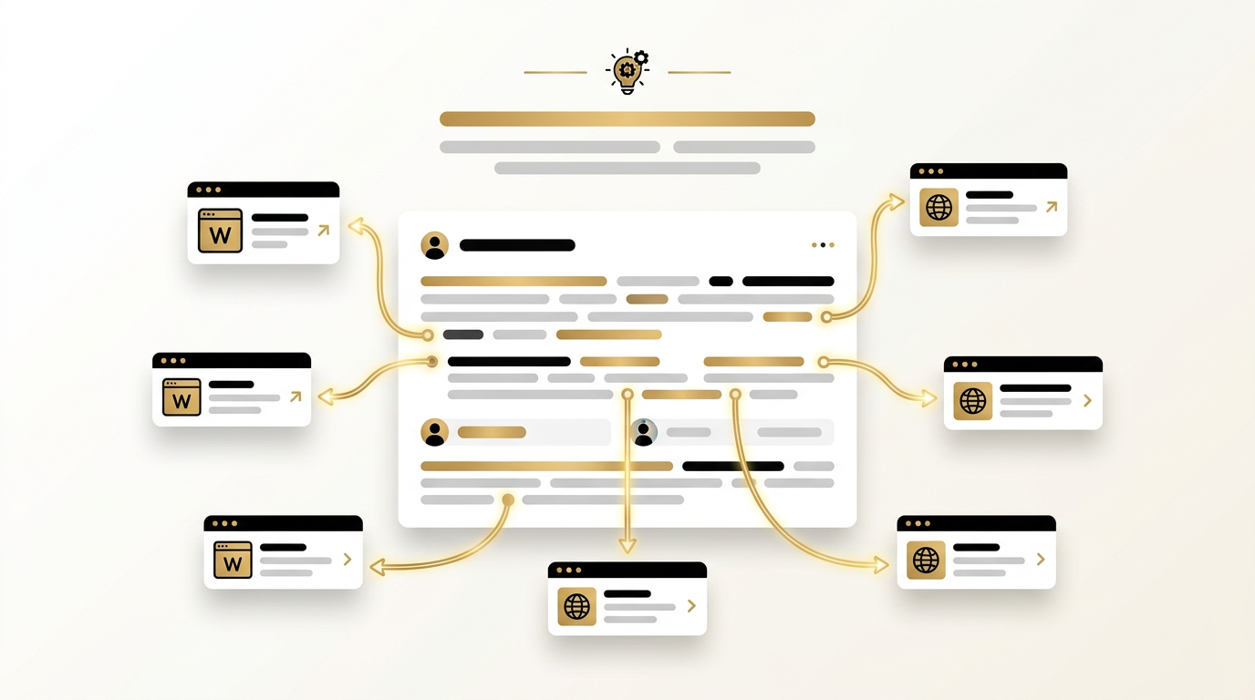 AI answer card with small source citation chips linking to a business website, glowing gold connection lines