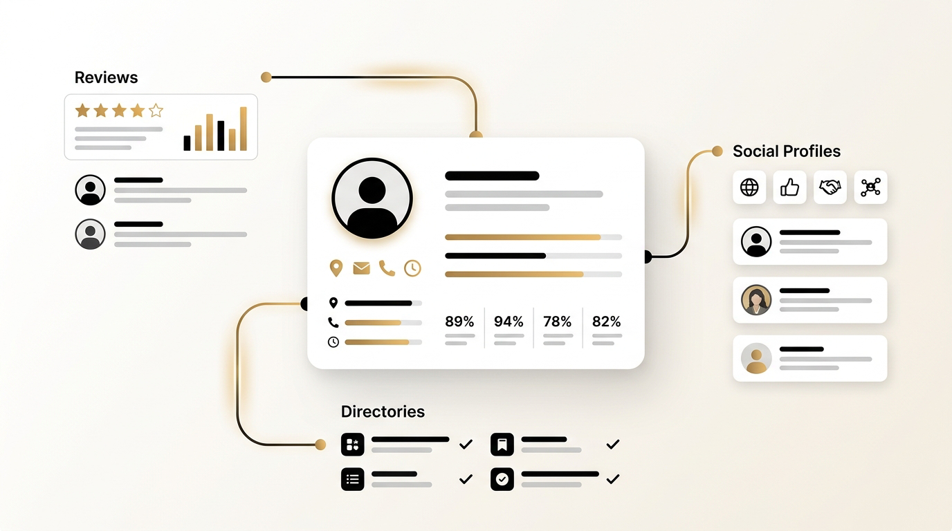 Business entity profile card connected to reviews, directories and social profiles with lines