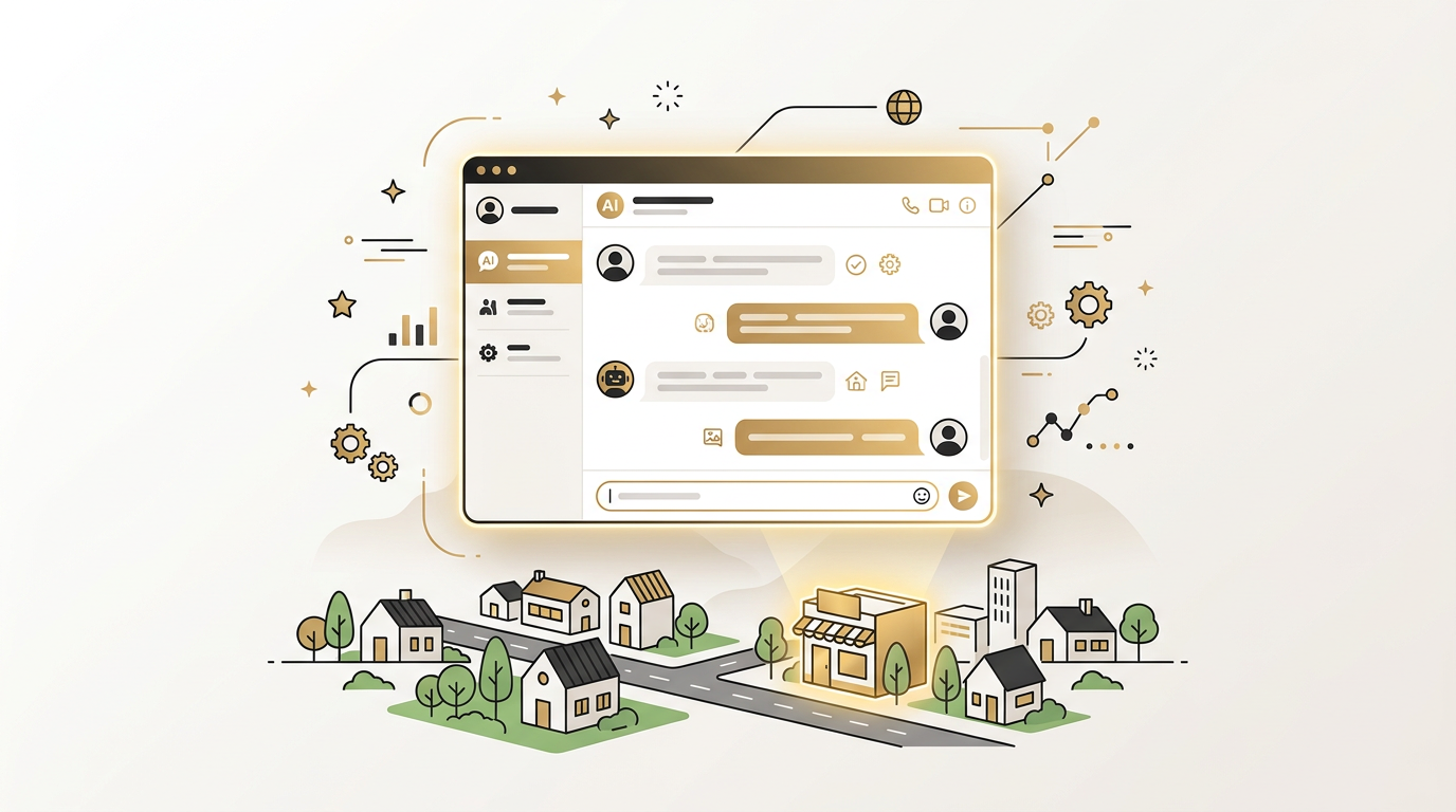 A glowing AI chat window floating above a small town of houses with one business highlighted