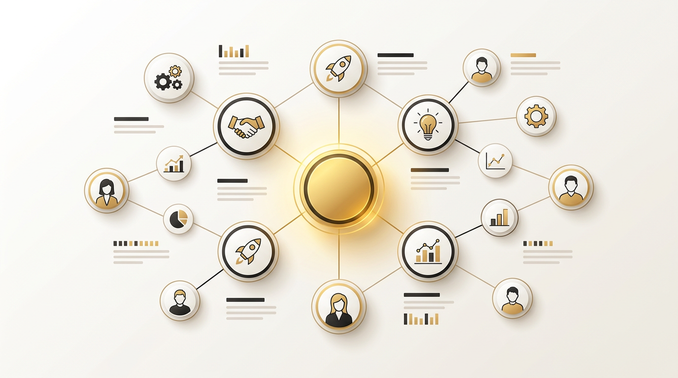 Network graph of connected nodes around a central business node glowing gold