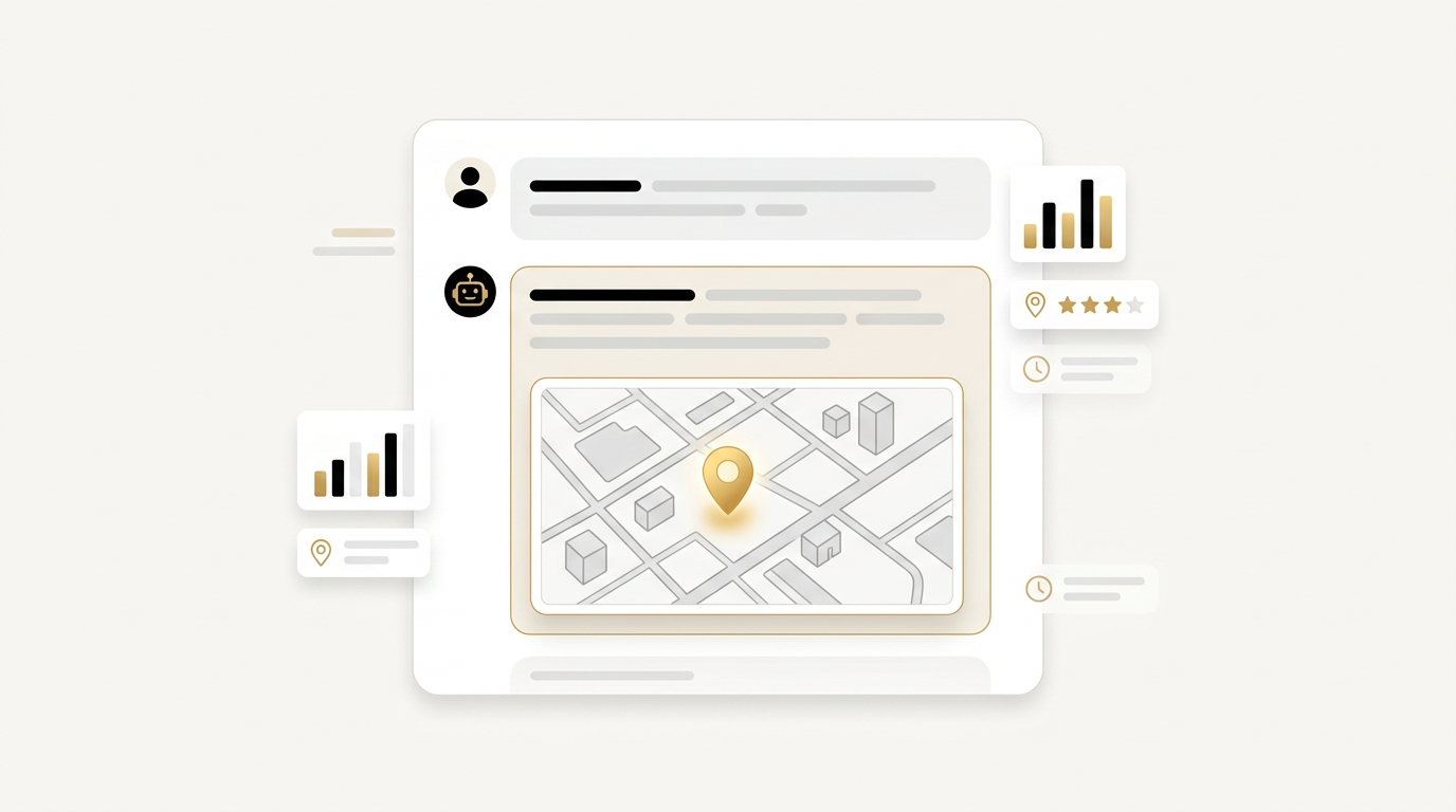 AI chat answer with an embedded small map showing one recommended business pin in gold
