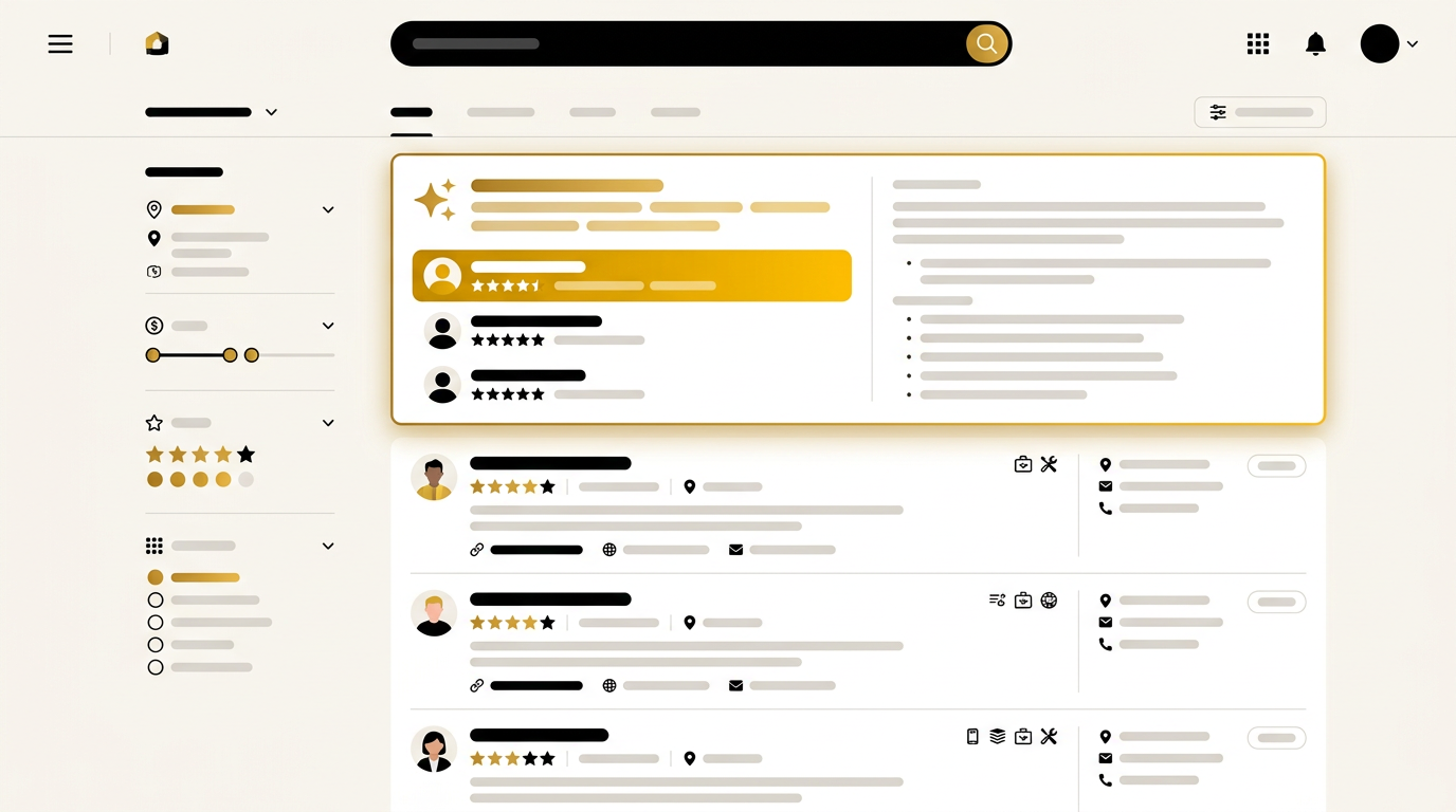 Search results page mockup with an AI generated summary box at the top that cites one business highlighted in gold