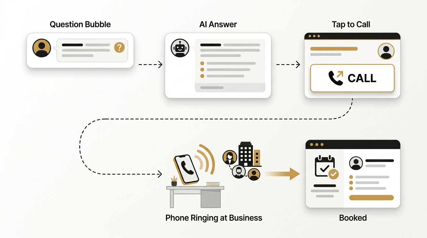 Question bubble, AI answer, tap to call, phone ringing at business, booked