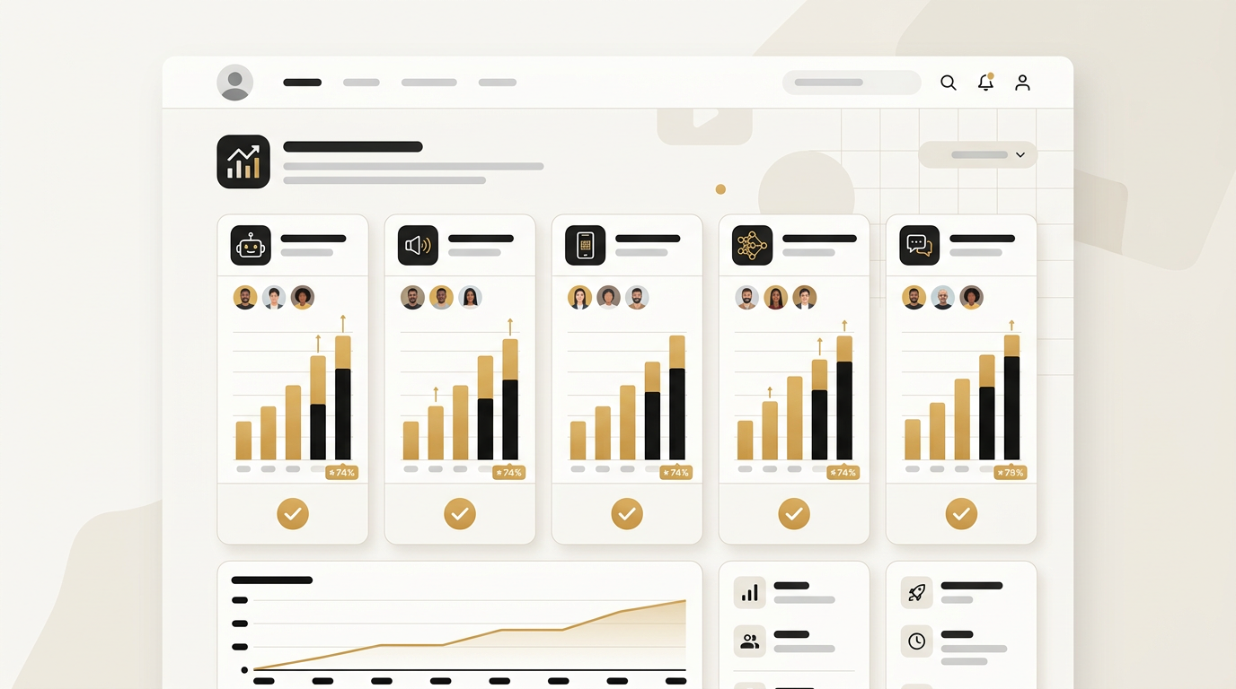 Dashboard tracking brand mentions across several AI assistants with rising bars and check marks