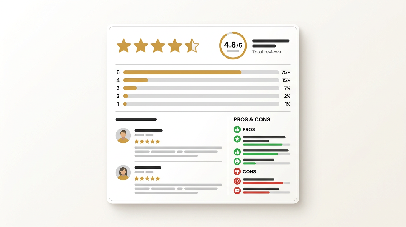 AI generated review summary card with stars and pros icons for a local business