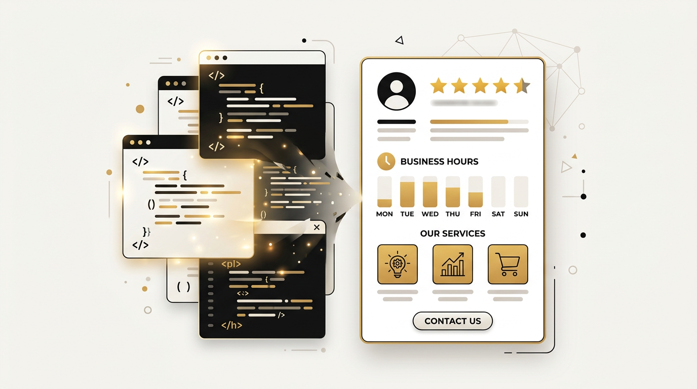 Graphic of website code blocks transforming into a clean business info card with hours, rating and services icons