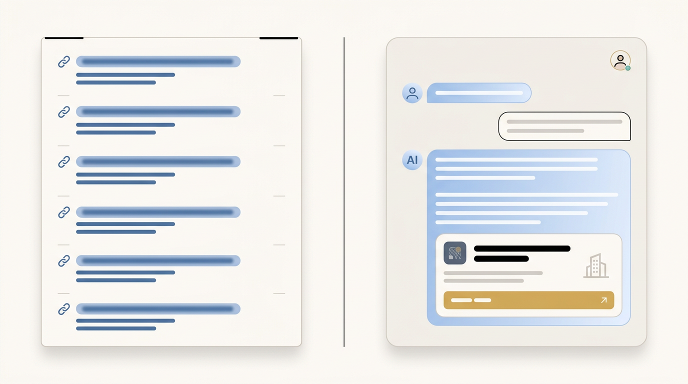 Classic list of blue links on the left, AI chat answer recommending one business on the right