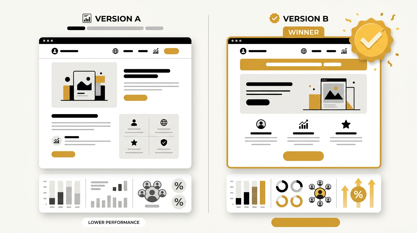 Two landing page versions side by side with the winner marked in gold