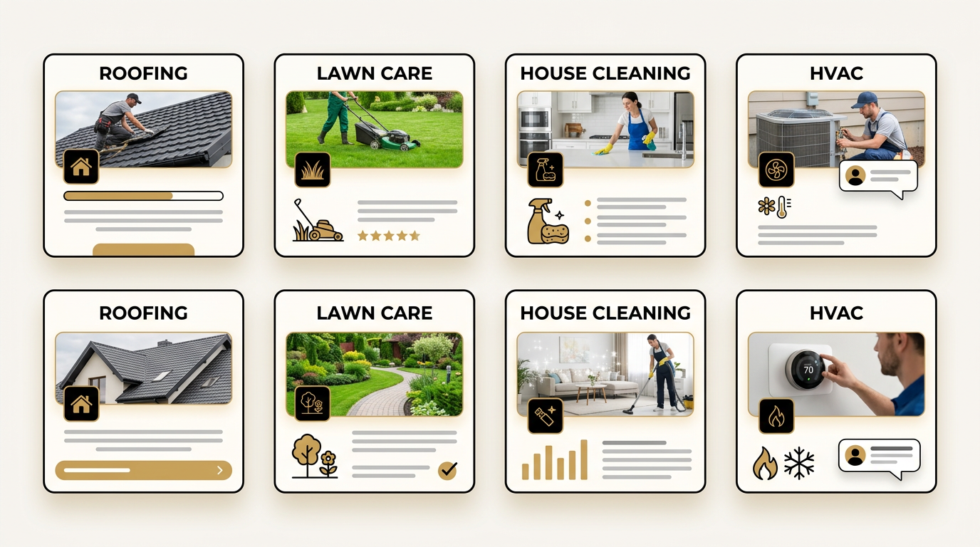 Roofing, lawn, cleaning, HVAC photos in square cards