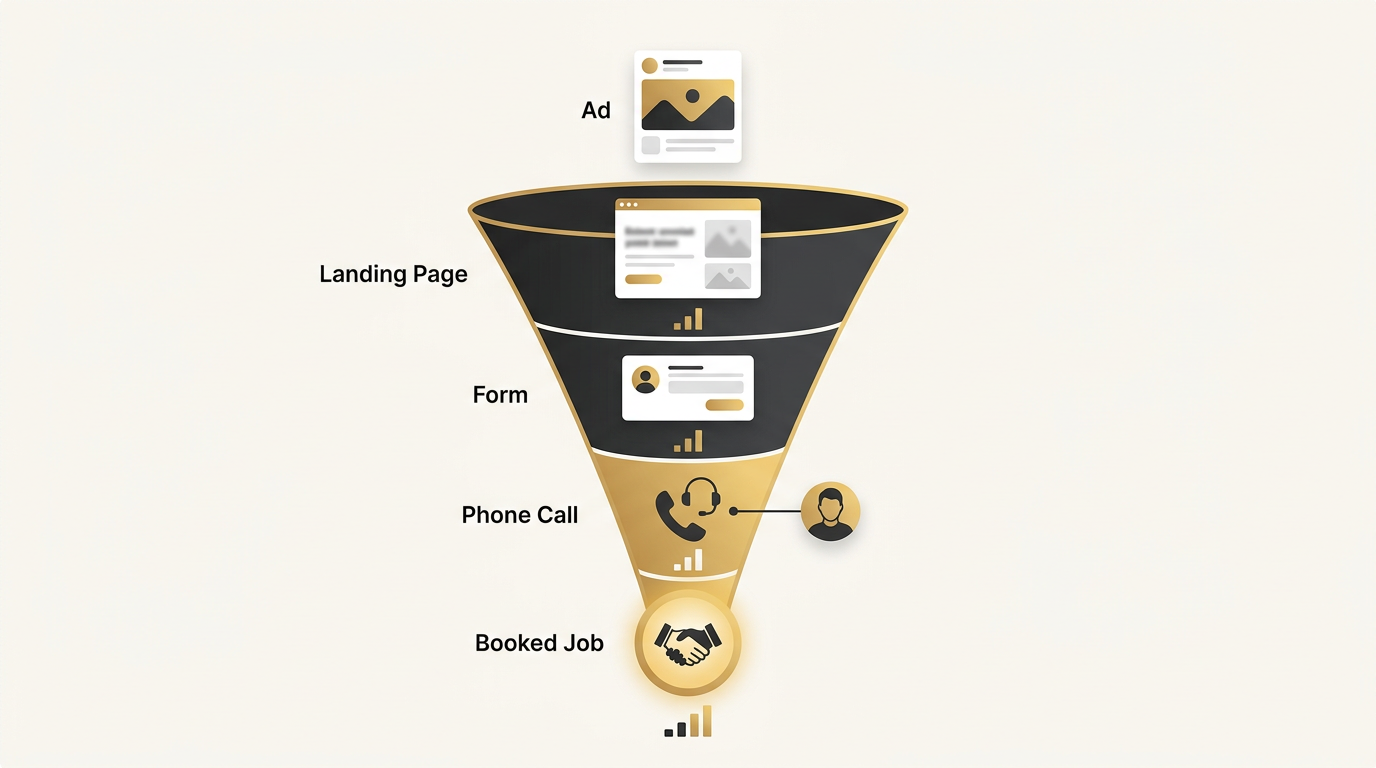 Ad, landing page, form, phone call, booked job, narrowing gold funnel