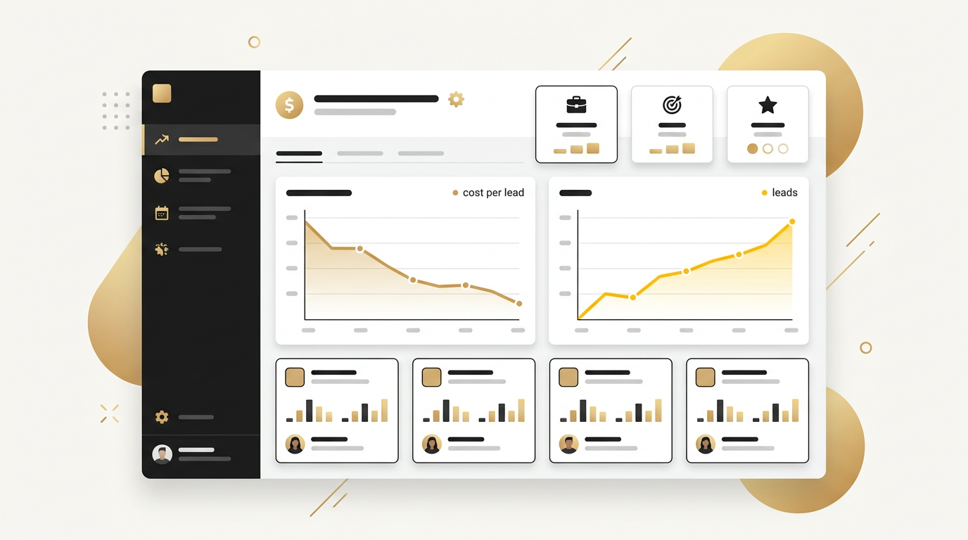 Paid ads dashboard with cost per lead chart falling and leads chart rising, campaign cards
