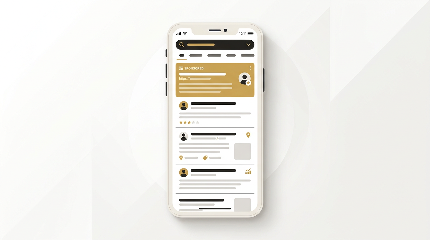 Search results mockup on a phone with a sponsored result highlighted in gold at the top