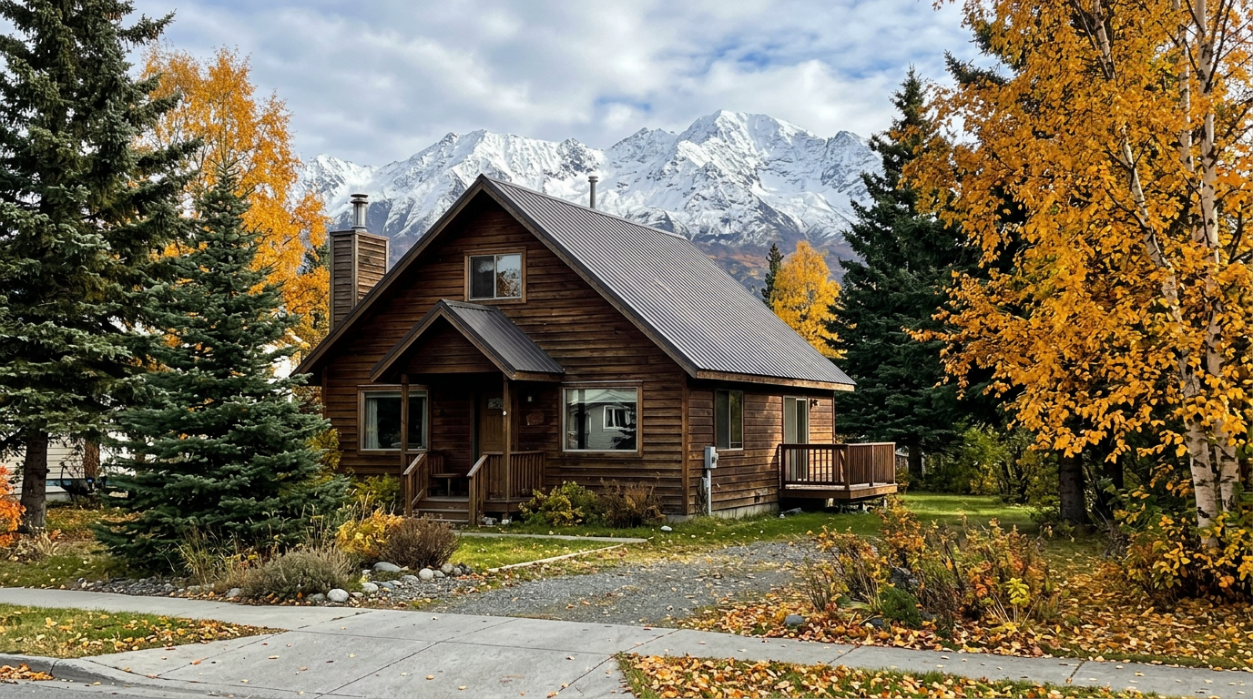 A wood-sided home with a steep metal roof in Anchorage, snow-capped Chugach mountains behind, spruce trees, early autumn