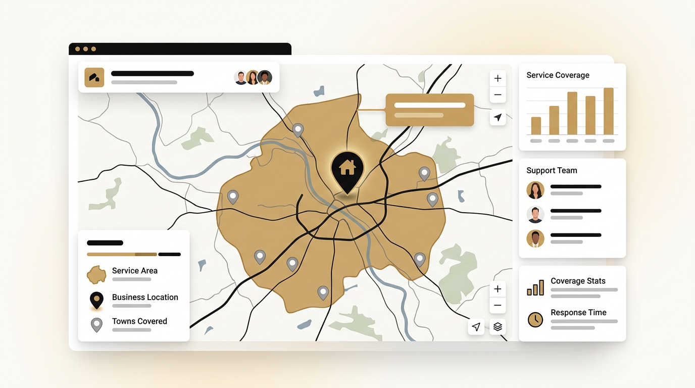 Service area map with a shaded region around several towns and one business pin