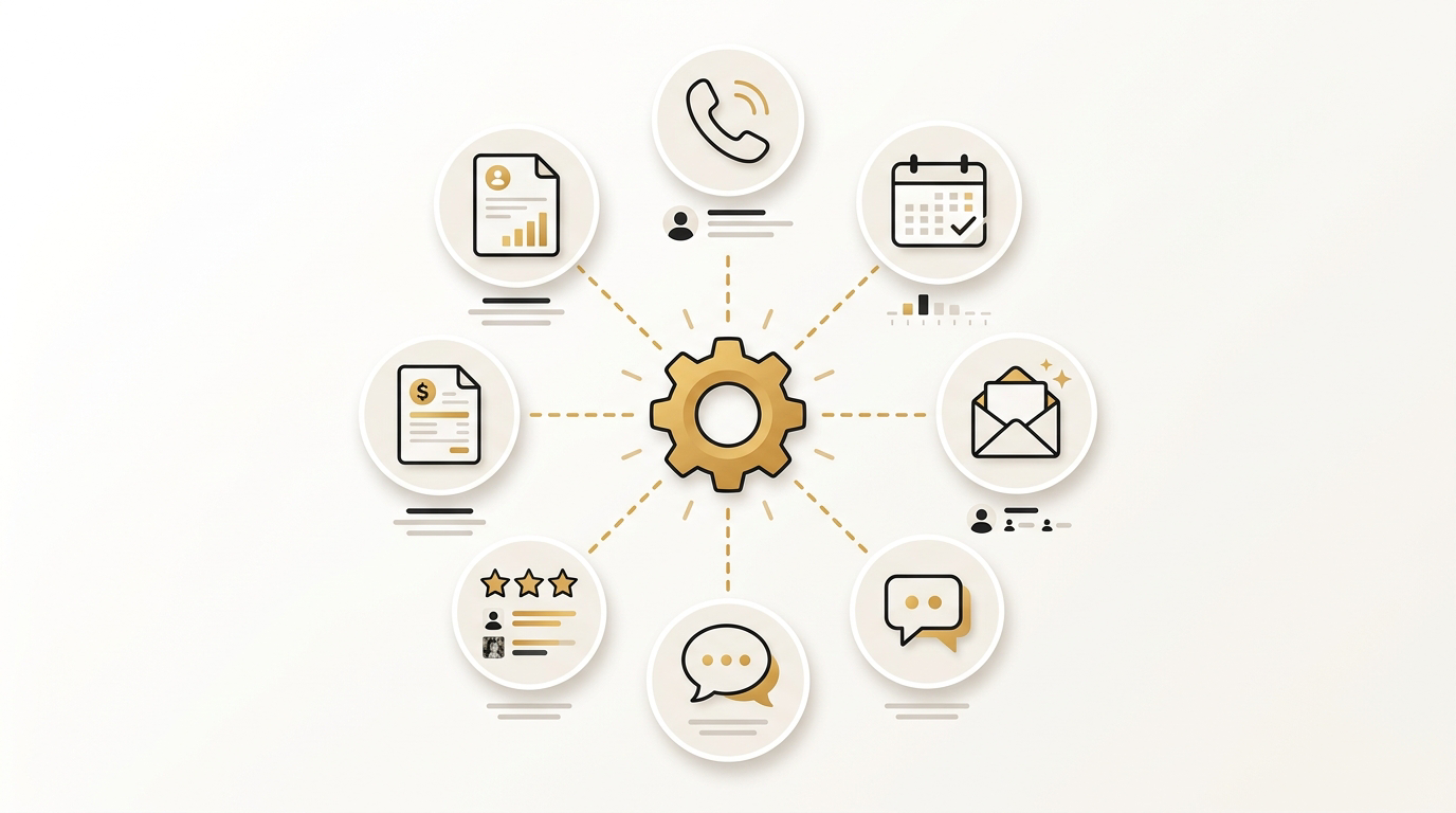 Central gold gear connected to phone, calendar, email, text, reviews and invoice icons