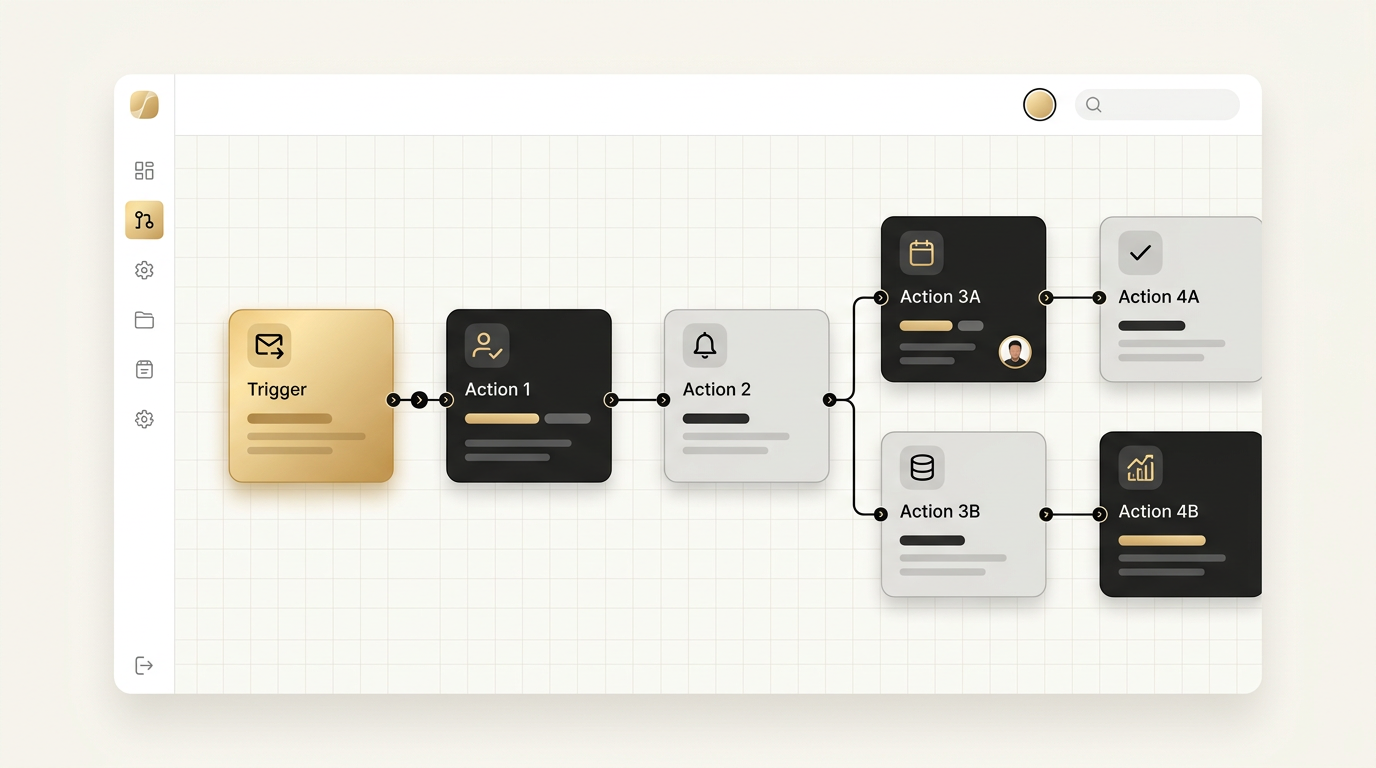 Workflow builder canvas with trigger and action blocks connected by lines