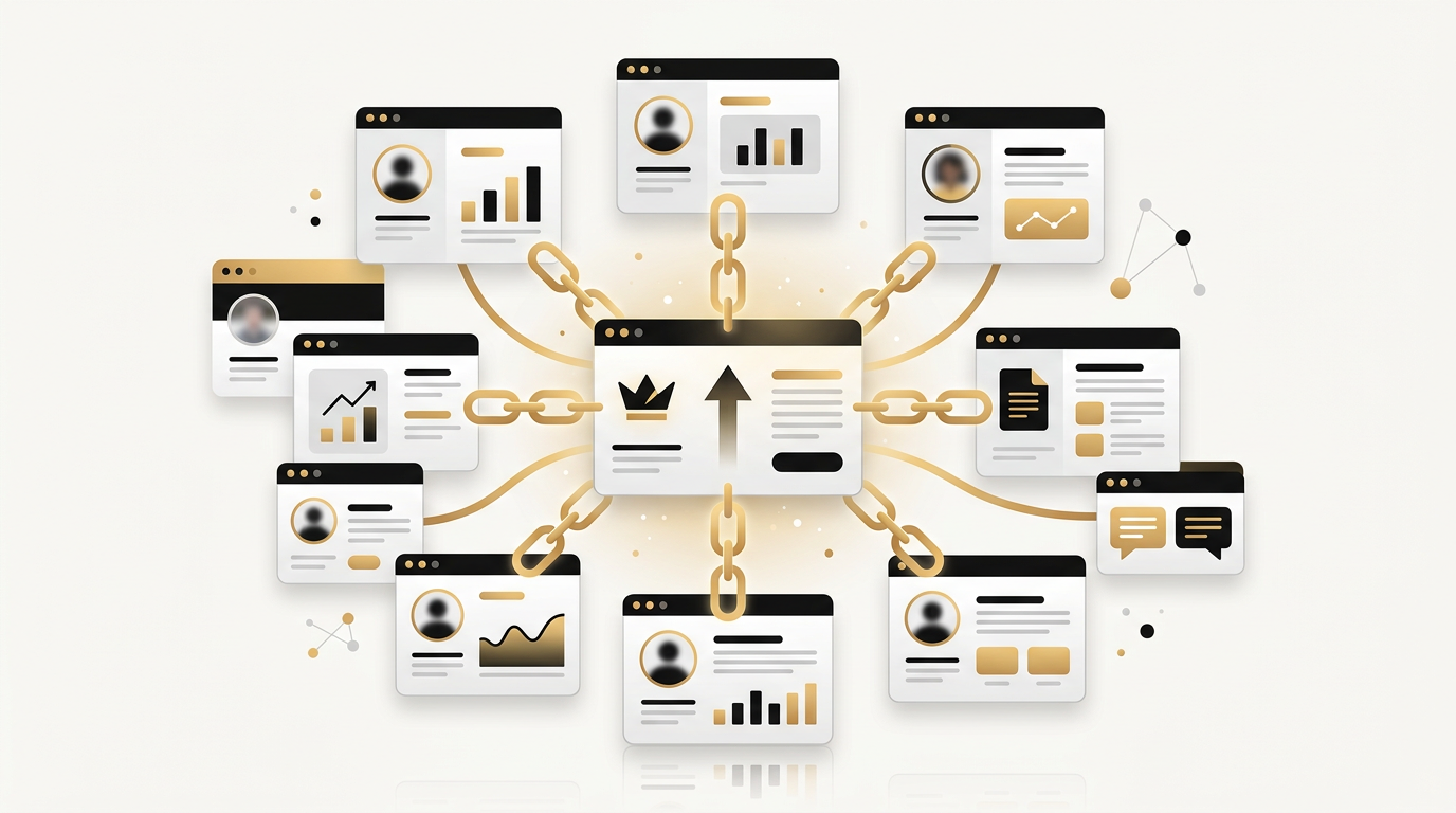 Many website cards linking with gold chains to one site