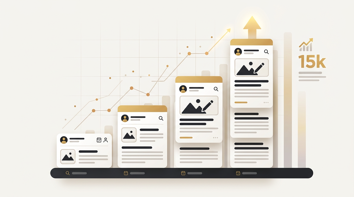 Blog article cards stacking into a rising traffic graph