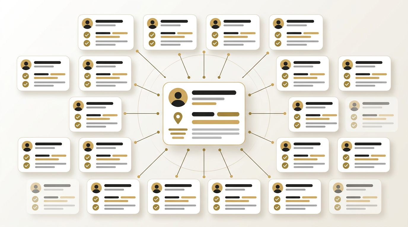 Many listing cards connected to one business with consistent info check marks