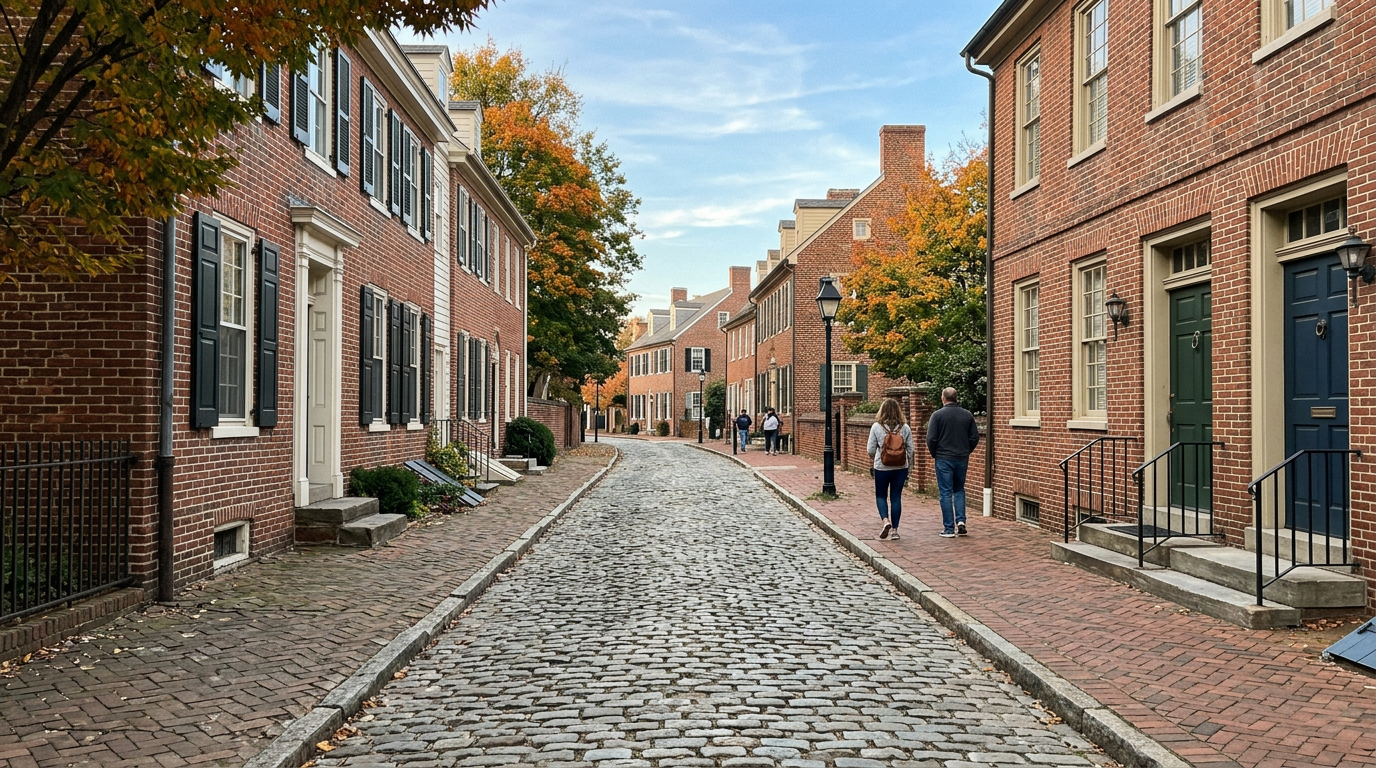 Cobblestone streets and brick colonial buildings in Old New Castle, Delaware
