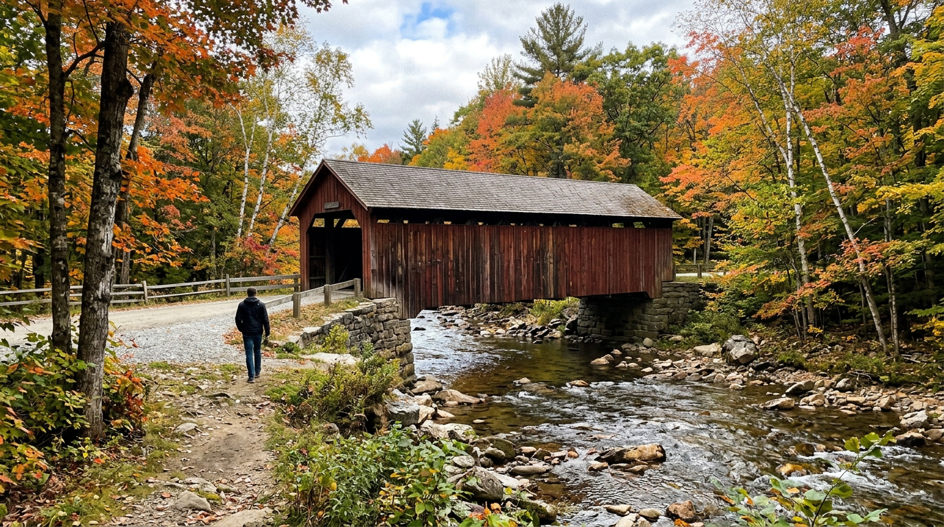 A covered bridge over a stream in Vermont, Vermont