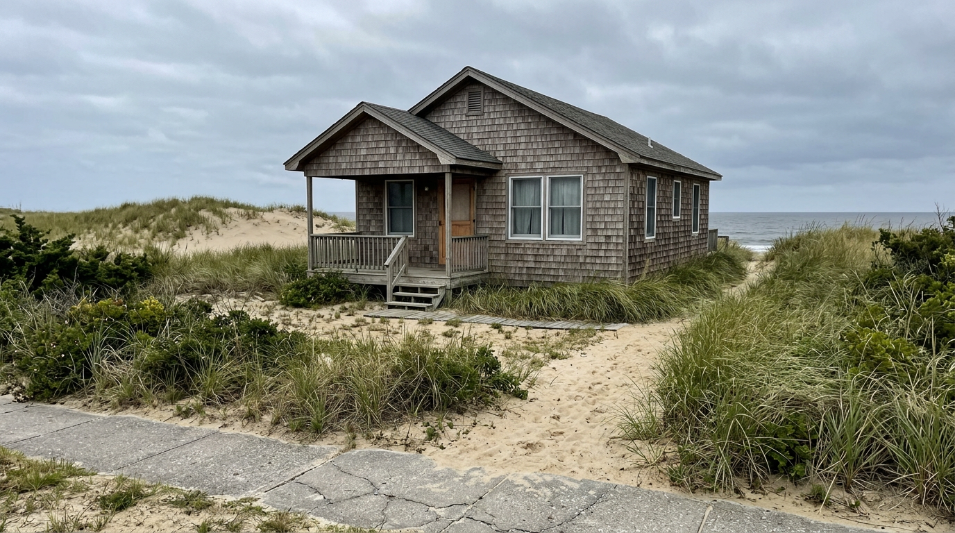 A shingle-sided beach cottage near Rehoboth Beach, dune grass and a sandy path, soft overcast coastal light