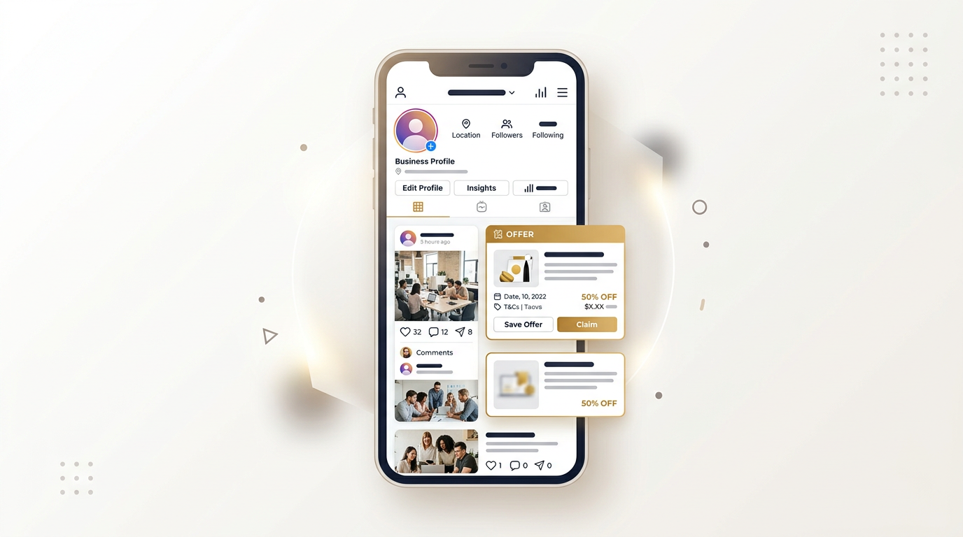 Business profile posts feed on a phone with photo updates and offer cards