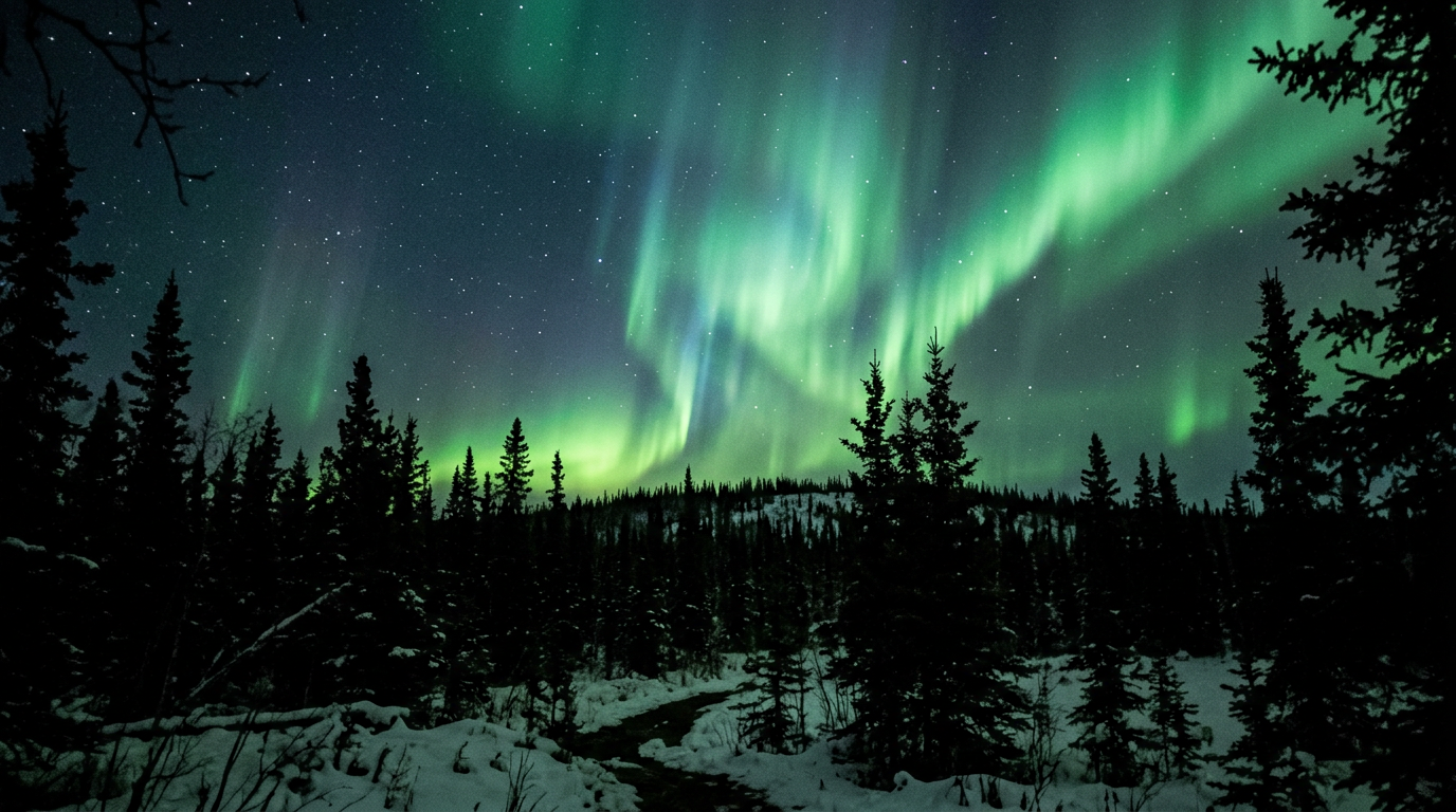 Green northern lights over spruce trees near Fairbanks, Alaska