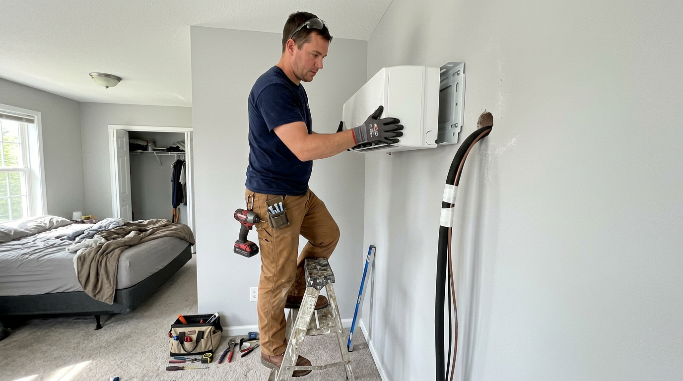 Ductless mini split indoor head being mounted on a bedroom wall