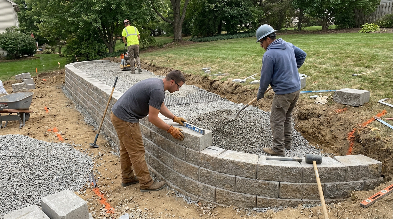 Crew building a segmental block retaining wall with gravel backfill