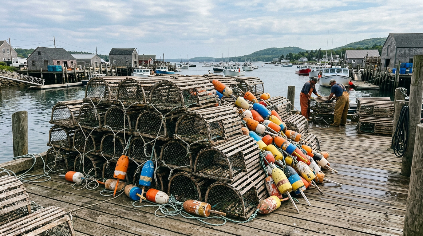 Lobster traps and buoys stacked on a wooden wharf, Maine