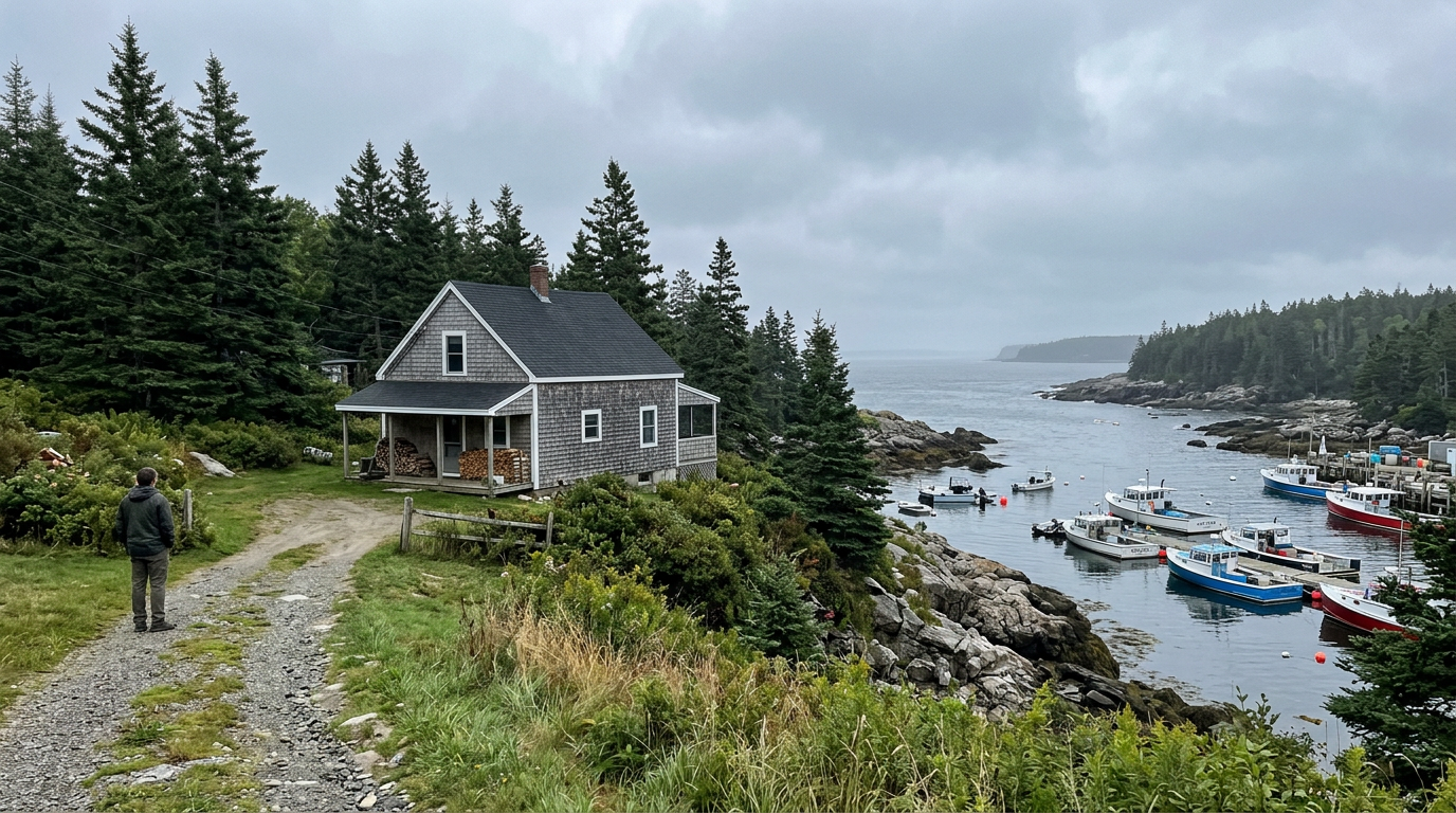 A gray-shingled Cape Cod home on a rocky Maine coastline, pine trees and a small harbor with lobster boats, cool overcast day