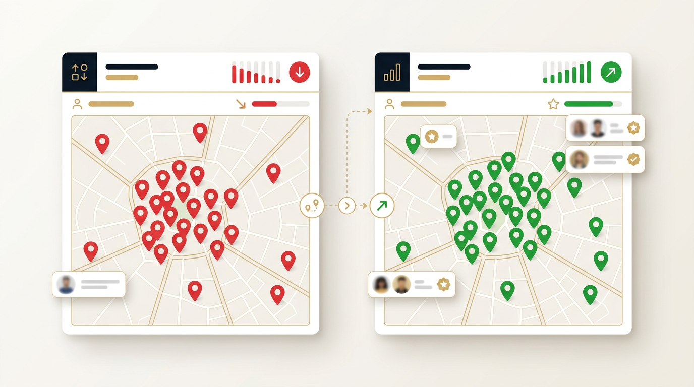Left mostly red pins, right mostly green pins, showing ranking improvement