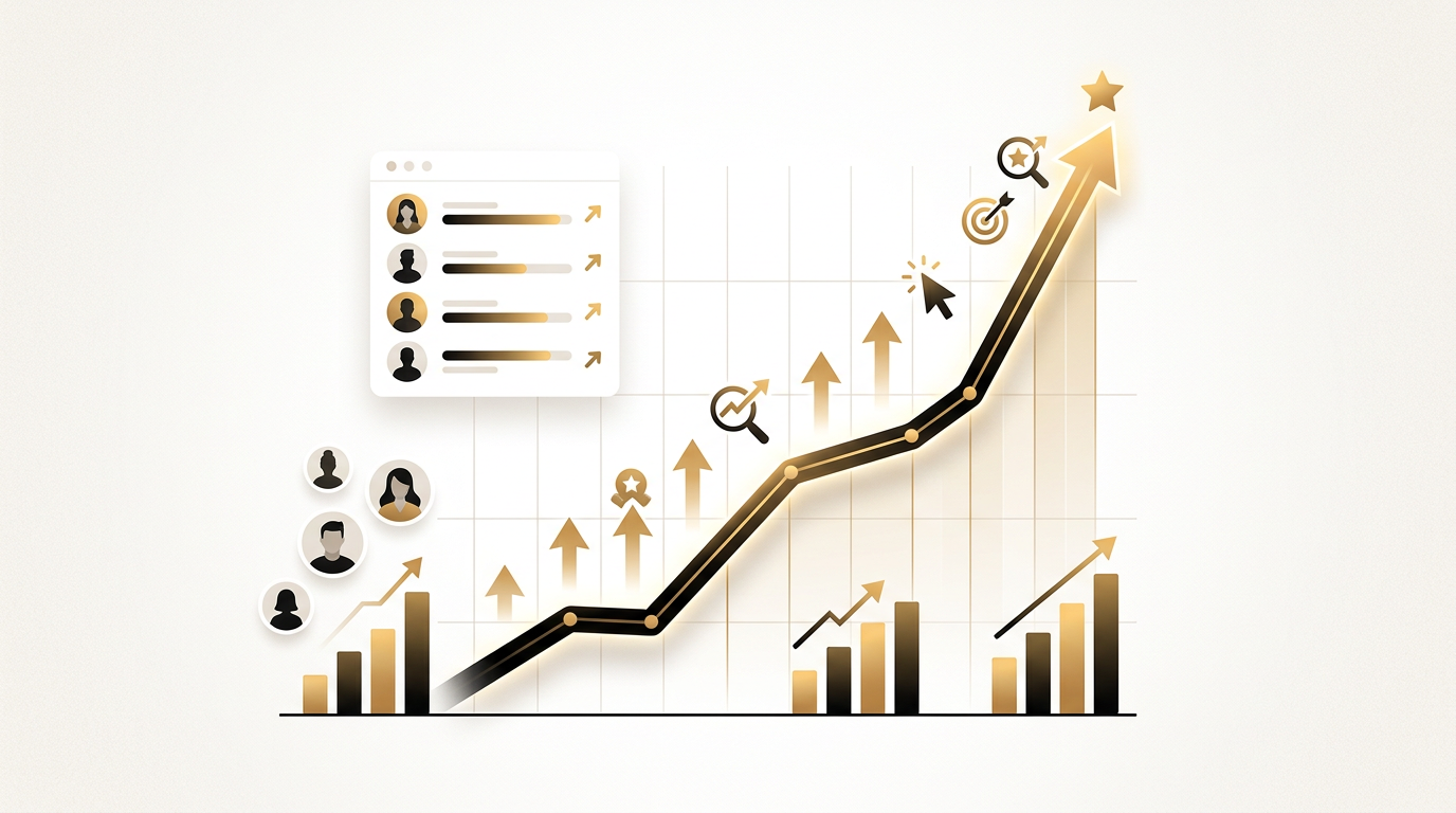 Website traffic line graph rising steeply with keyword ranking arrows moving up