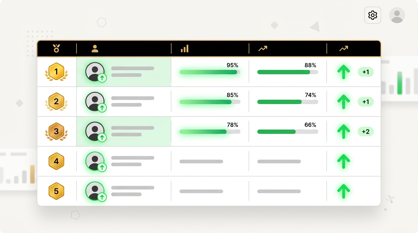 Ranking table with up arrows and position badges moving up, green highlights