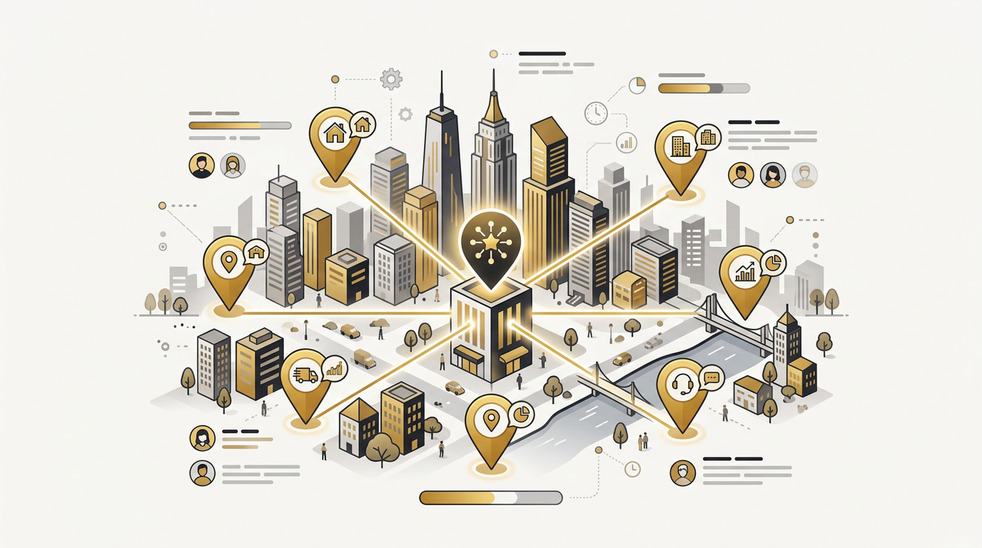 An illustrated city skyline with many location pins over service areas connected to one business