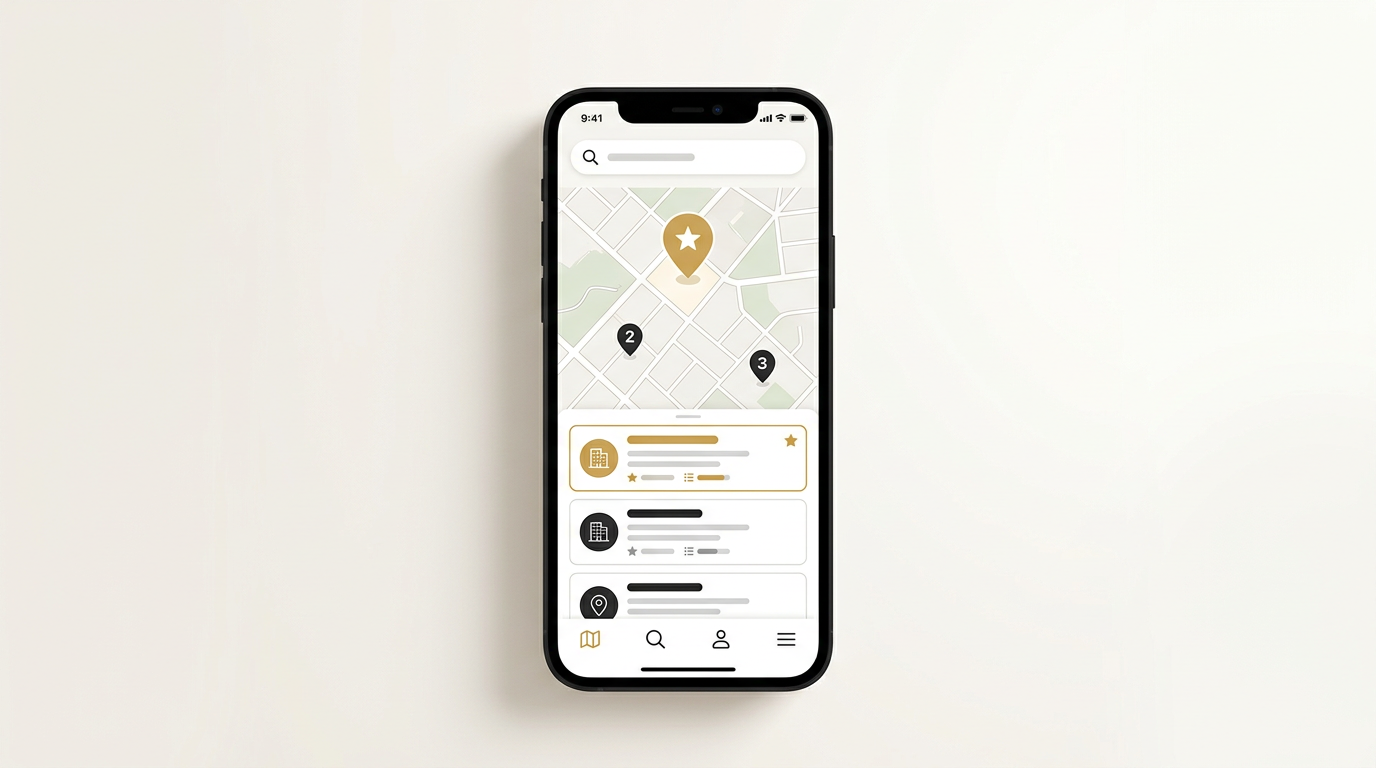 Phone mockup showing a local map search with three business pins and the top one highlighted in gold