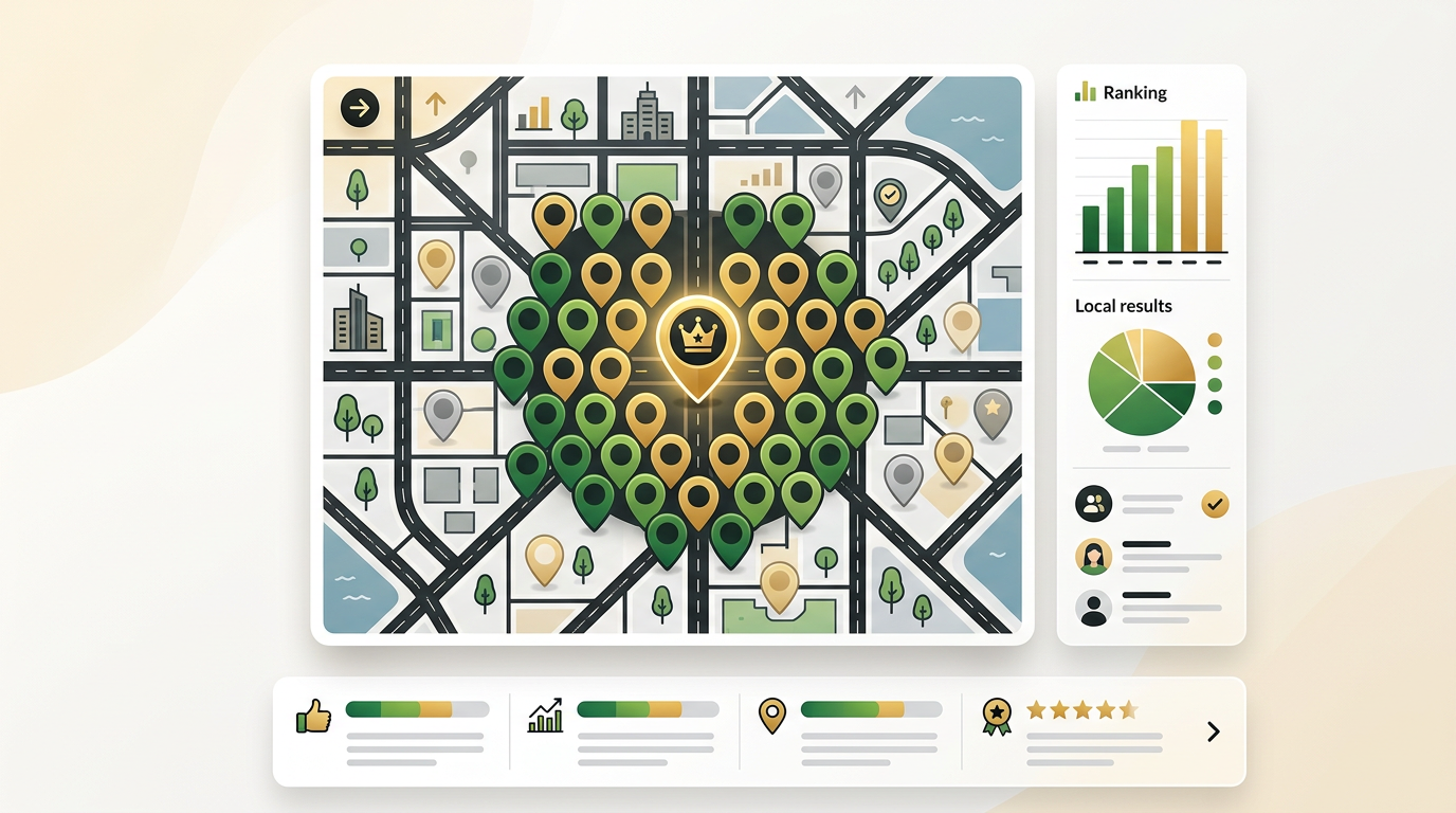 A city map with a grid of circular pins colored mostly green and gold showing strong local rankings around a business