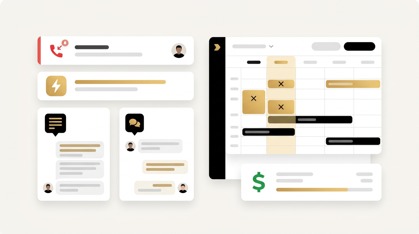 Missed call icon, lightning bolt, text bubble, reply bubble, calendar booked, green dollar sign