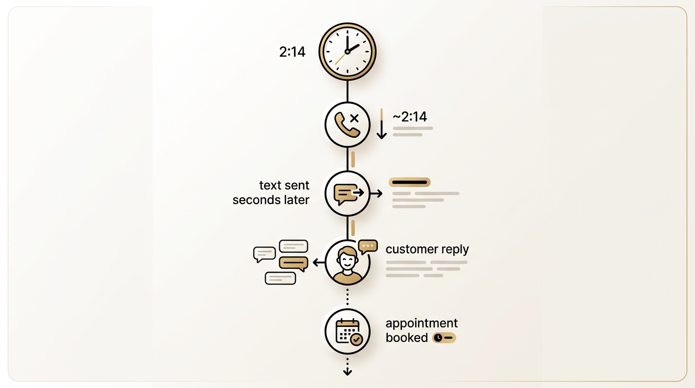 Missed call at 2:14, text sent seconds later, customer reply, appointment booked, using icons and a clock