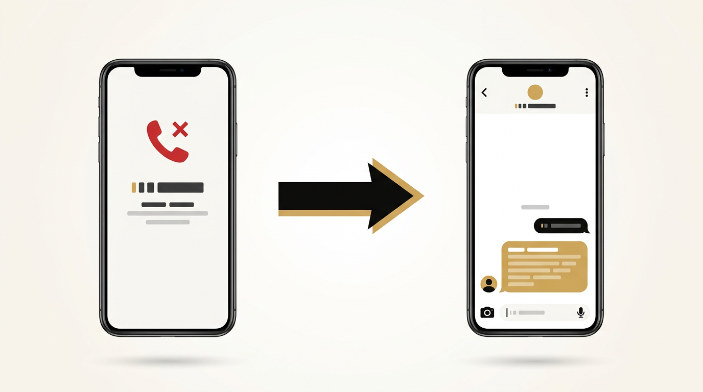 Left phone shows a red missed call icon, arrow, right phone shows an automatic text message bubble sent back