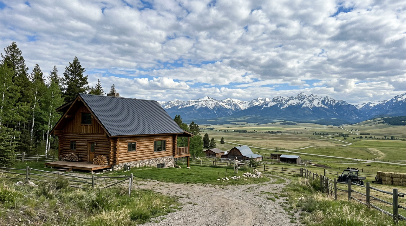 A log home with a metal roof on a ranch in Montana, wide valley and snowcapped mountains behind, big sky with clouds