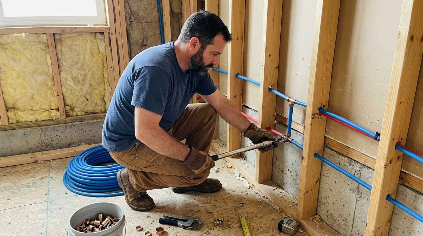 Plumber installing PEX water lines with crimp rings in an unfinished wall