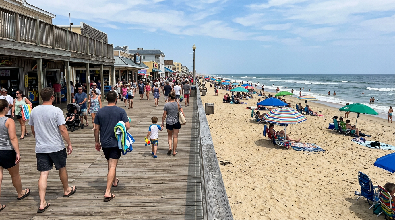 The Rehoboth Beach boardwalk and beach, Delaware