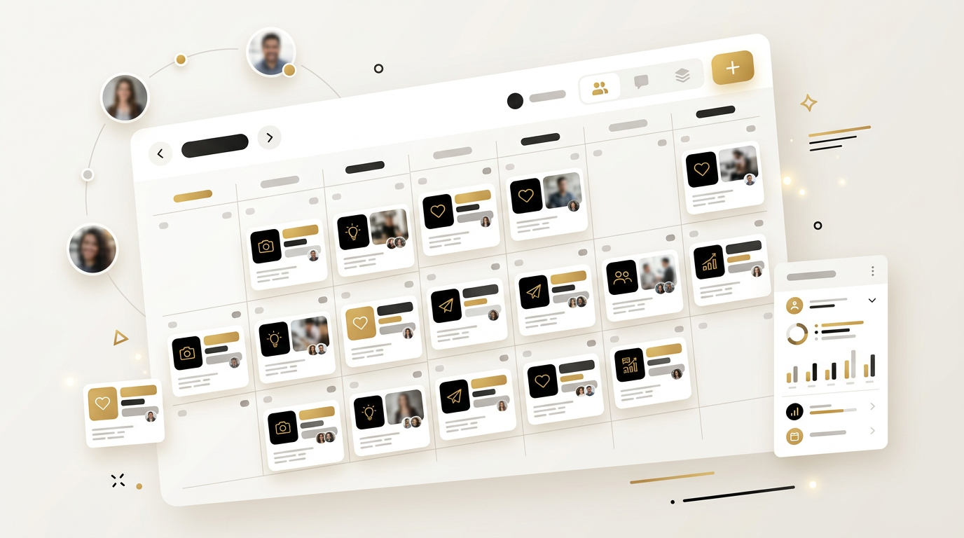 Social media content calendar with post thumbnails scheduled across a month