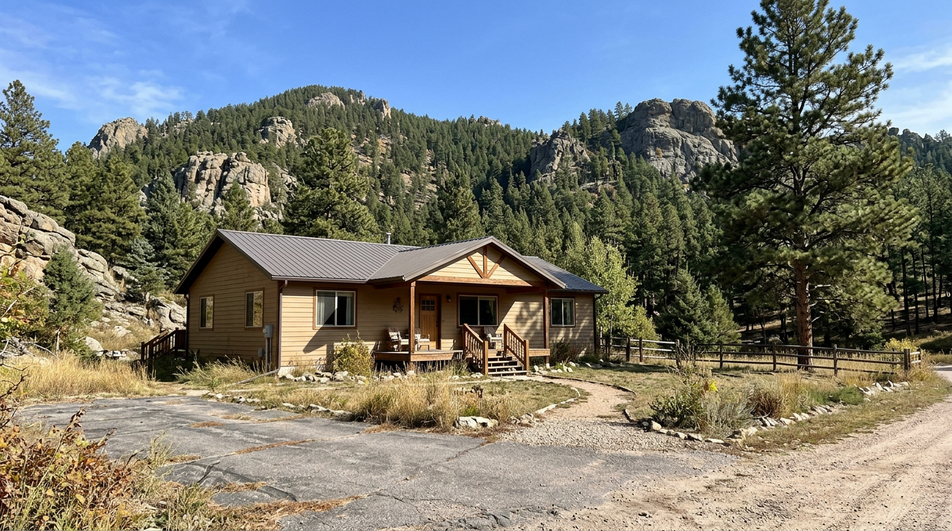 A ranch home at the edge of the Black Hills in South Dakota, ponderosa pines and granite outcrops, clear day