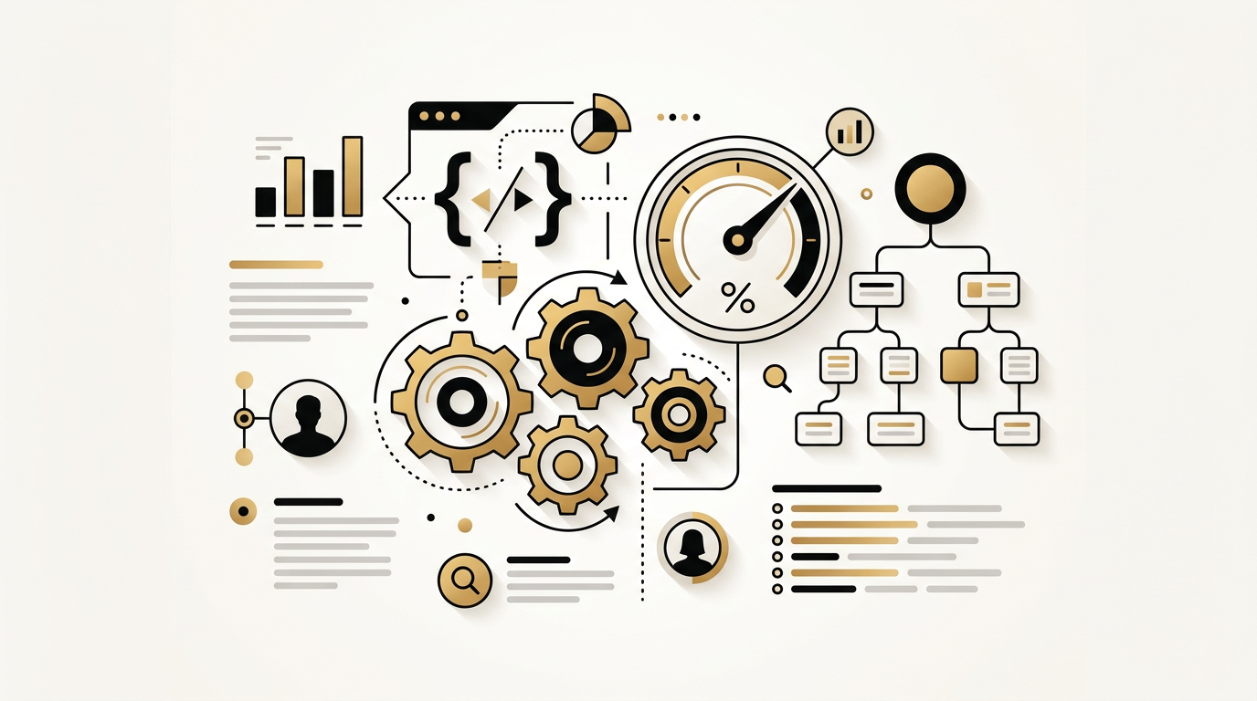 Gears, code brackets, speed gauge and sitemap tree